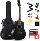 Drift Tone: Acoustic Guitar for Beginner Adult 36'' Dreadnought 3/4 Size Black Guitar Bundle Package Kit Travel, Spruce Wood With Gig Bag Capo Tuner Strap String Guitar Picks DAG-1MB/DAT-110D