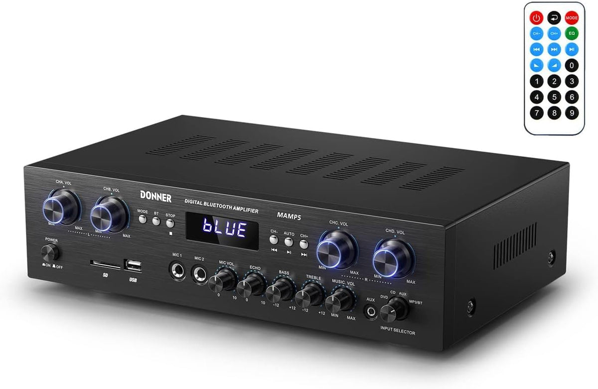 Drift Tone:  Bluetooth 5.0 Stereo Audio Amplifier Receiver, 4 Channel 440W Peak Power Home Theater Stereo Receiver with USB, SD, FM, 2 Mic in Echo, RCA, LED, Speaker Selector for Studio, Home - MAMP5