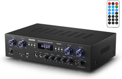 Drift Tone:  Bluetooth 5.0 Stereo Audio Amplifier Receiver, 4 Channel 440W Peak Power Home Theater Stereo Receiver with USB, SD, FM, 2 Mic in Echo, RCA, LED, Speaker Selector for Studio, Home - MAMP5