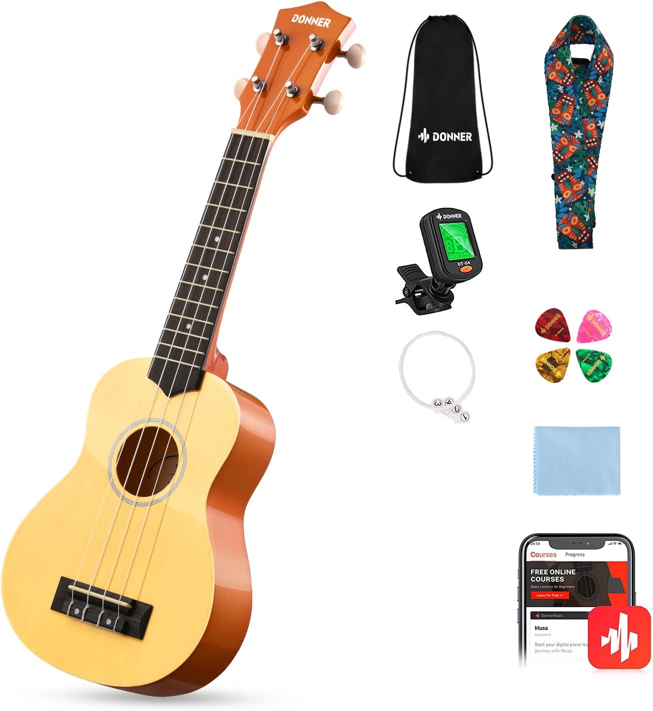 Drift Tone: Soprano Ukulele for Beginner 21 Inch Matte Ukulele Beginner Kit with Bag Strap Tuner Strings Picks Cloth, Free Online Lessons, Kids Holiday Christmas & Birthday Gift (Light Pink)