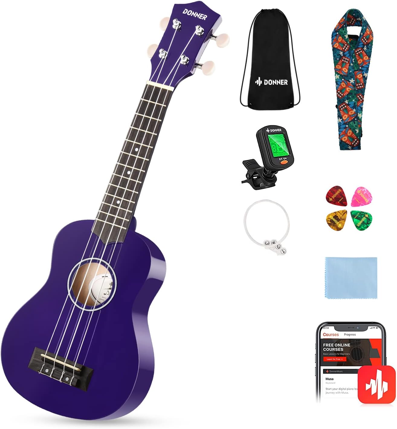 Drift Tone: Soprano Ukulele for Beginner 21 Inch Matte Ukulele Beginner Kit with Bag Strap Tuner Strings Picks Cloth, Free Online Lessons, Kids Holiday Christmas & Birthday Gift (Light Pink)