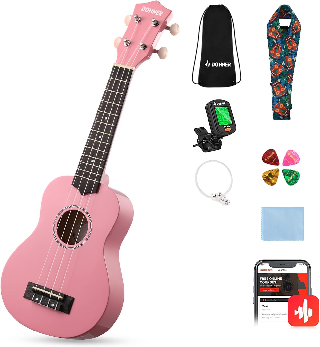 Drift Tone: Soprano Ukulele for Beginner 21 Inch Matte Ukulele Beginner Kit with Bag Strap Tuner Strings Picks Cloth, Free Online Lessons, Kids Holiday Christmas & Birthday Gift (Light Pink)