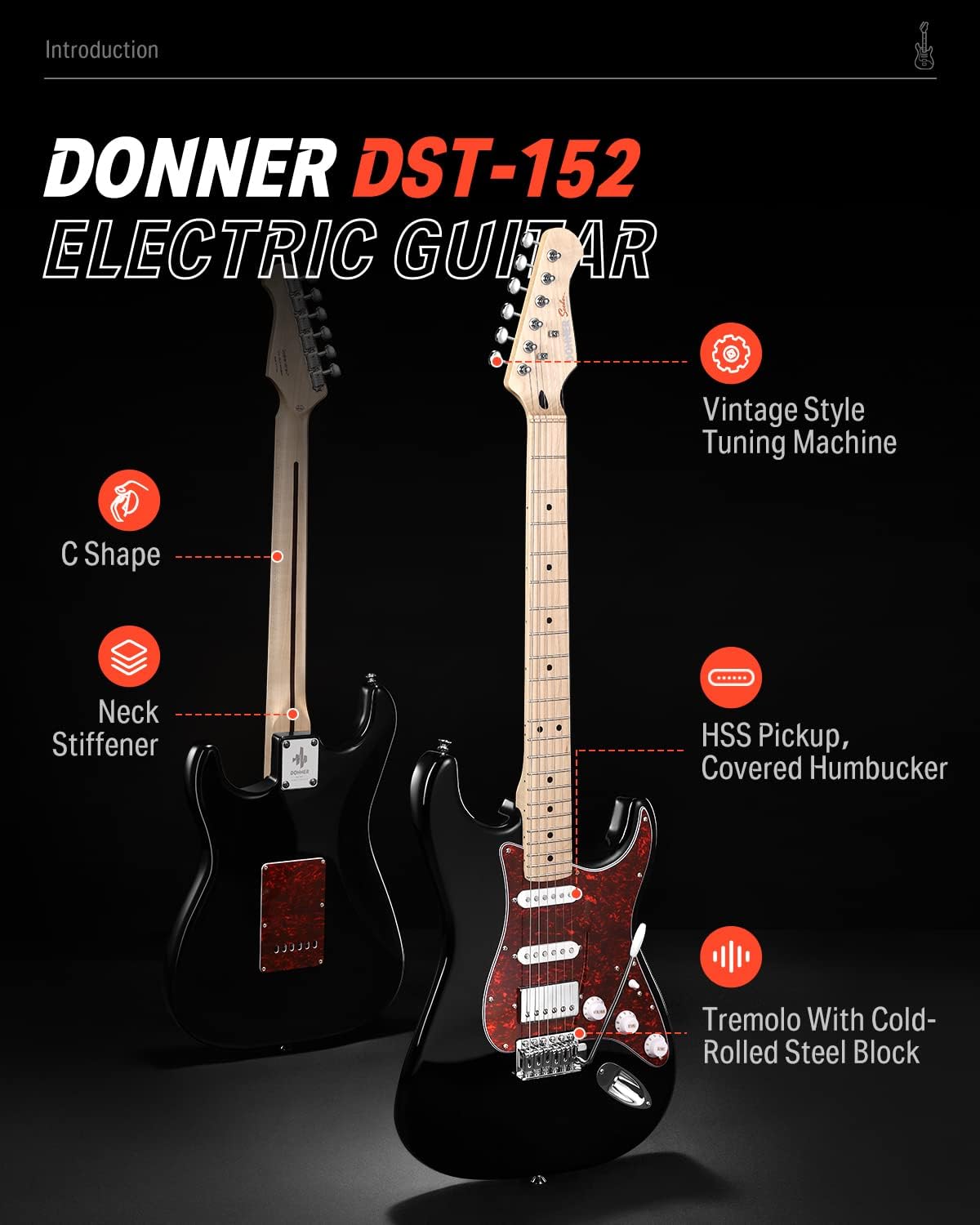 Drift Tone: , DST-152B 39" Electric Guitar Kit HSS Pickup Coil Split with Amp, Bag, Accessories, Black Solid Body Guitarra Electrica