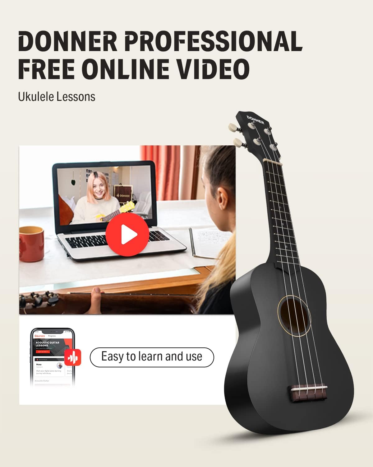 Drift Tone: Soprano Ukulele for Beginner 21 Inch Matte Ukulele Beginner Kit with Bag Strap Tuner Strings Picks Cloth, Free Online Lessons, Kids Holiday Christmas & Birthday Gift (Light Pink)