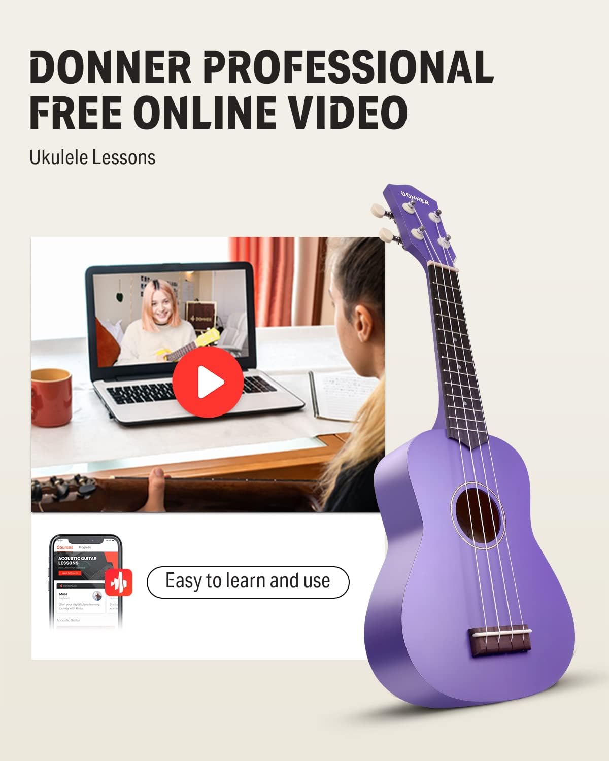 Drift Tone: Soprano Ukulele for Beginner 21 Inch Matte Ukulele Beginner Kit with Bag Strap Tuner Strings Picks Cloth, Free Online Lessons, Kids Holiday Christmas & Birthday Gift (Light Pink)