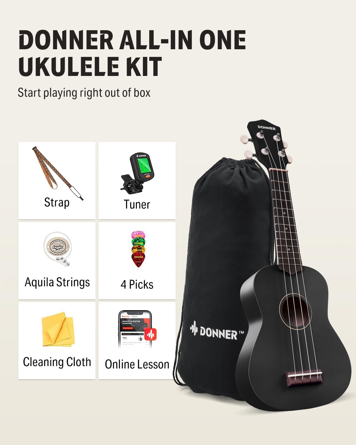 Drift Tone: Soprano Ukulele for Beginner 21 Inch Matte Ukulele Beginner Kit with Bag Strap Tuner Strings Picks Cloth, Free Online Lessons, Kids Holiday Christmas & Birthday Gift (Light Pink)
