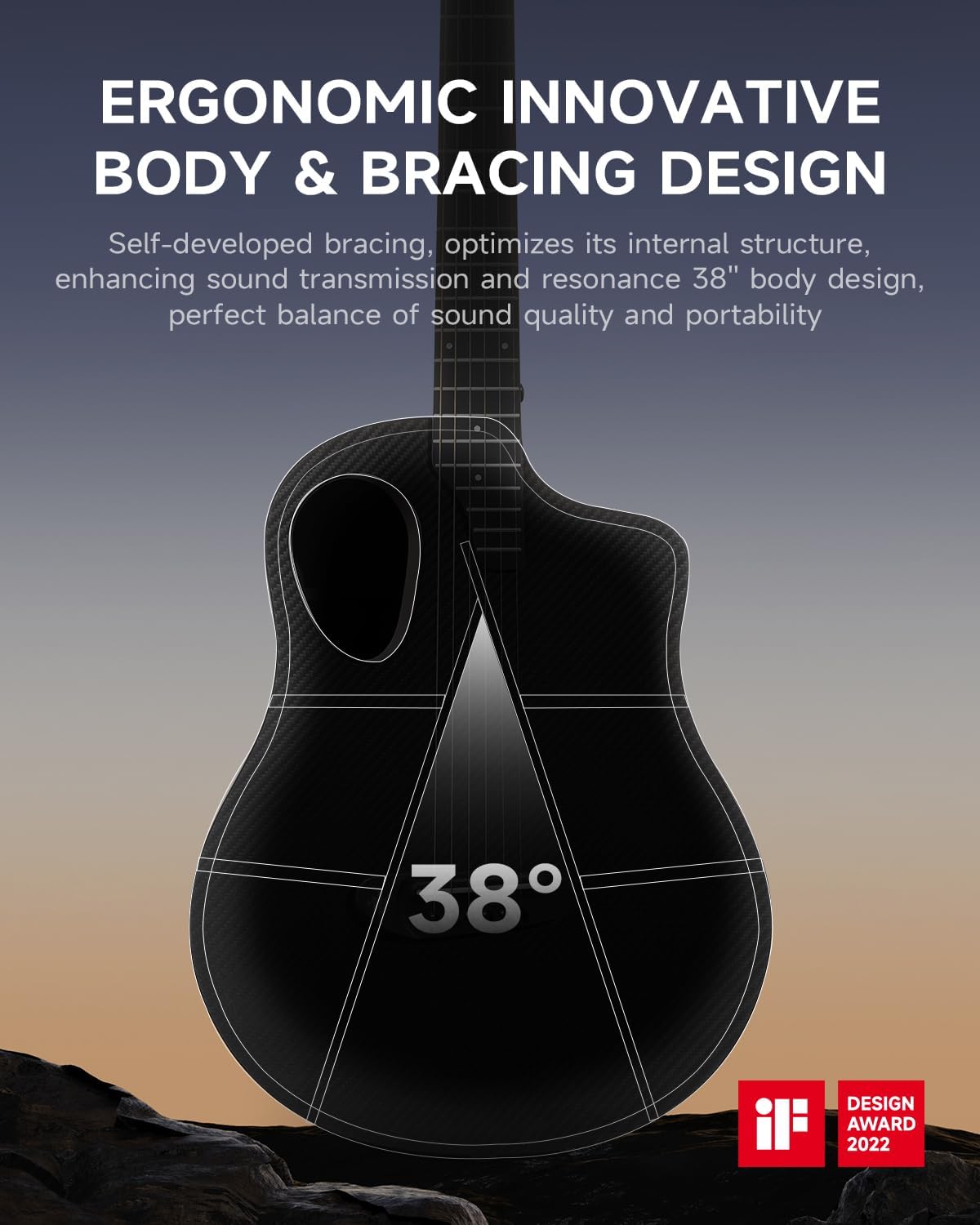 Drift Tone: Carbon X Wood Acoustic Guitar Beginner & Intermediate Learner Kits - Carbon Fiber Top, Wooden Back & Sides, 38" Travel Guitar with Case, Strap, Steel-String, RISING-G1 (Gloss, Brown)