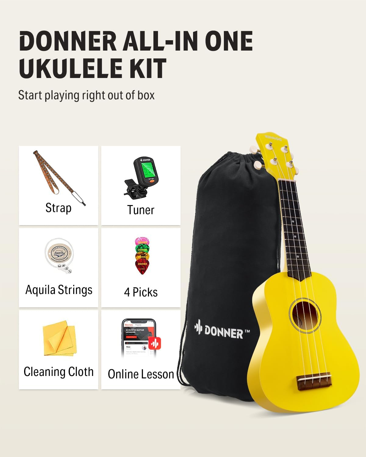 Drift Tone: Soprano Ukulele for Beginner 21 Inch Matte Ukulele Beginner Kit with Bag Strap Tuner Strings Picks Cloth, Free Online Lessons, Kids Holiday Christmas & Birthday Gift (Light Pink)