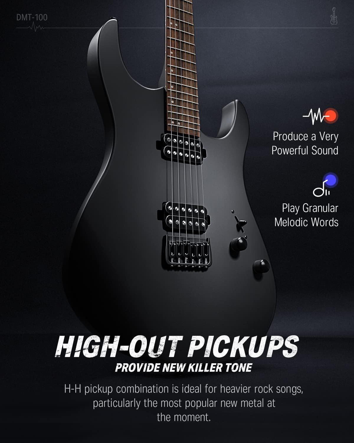 Drift Tone: , DST-152B 39" Electric Guitar Kit HSS Pickup Coil Split with Amp, Bag, Accessories, Black Solid Body Guitarra Electrica