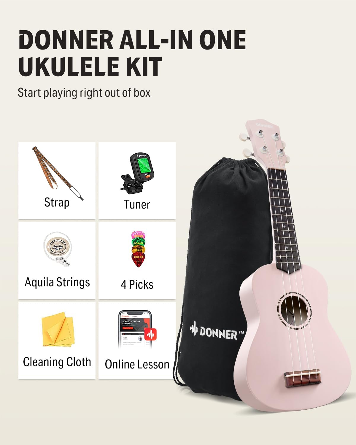 Drift Tone: Soprano Ukulele for Beginner 21 Inch Matte Ukulele Beginner Kit with Bag Strap Tuner Strings Picks Cloth, Free Online Lessons, Kids Holiday Christmas & Birthday Gift (Light Pink)