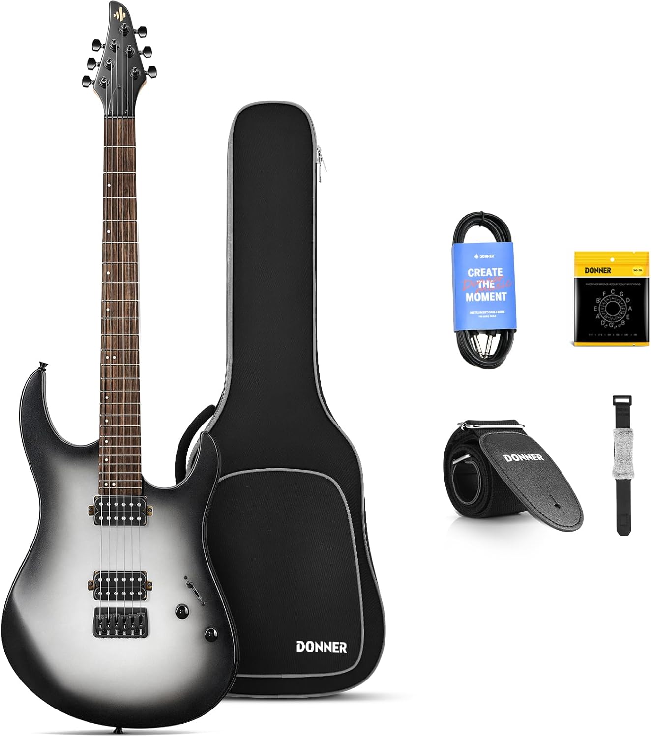 Drift Tone: , DST-152B 39" Electric Guitar Kit HSS Pickup Coil Split with Amp, Bag, Accessories, Black Solid Body Guitarra Electrica