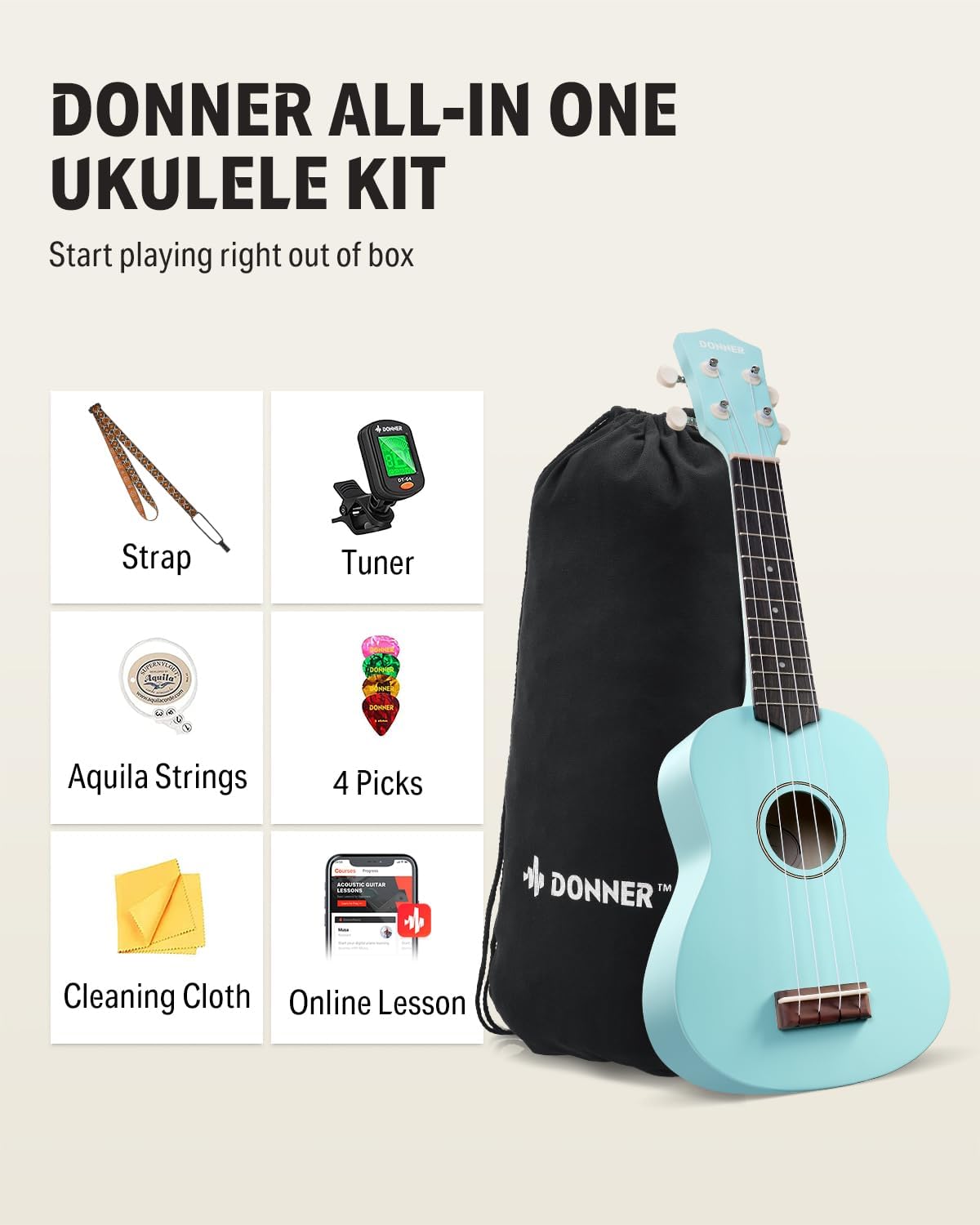 Drift Tone: Soprano Ukulele for Beginner 21 Inch Matte Ukulele Beginner Kit with Bag Strap Tuner Strings Picks Cloth, Free Online Lessons, Kids Holiday Christmas & Birthday Gift (Light Pink)