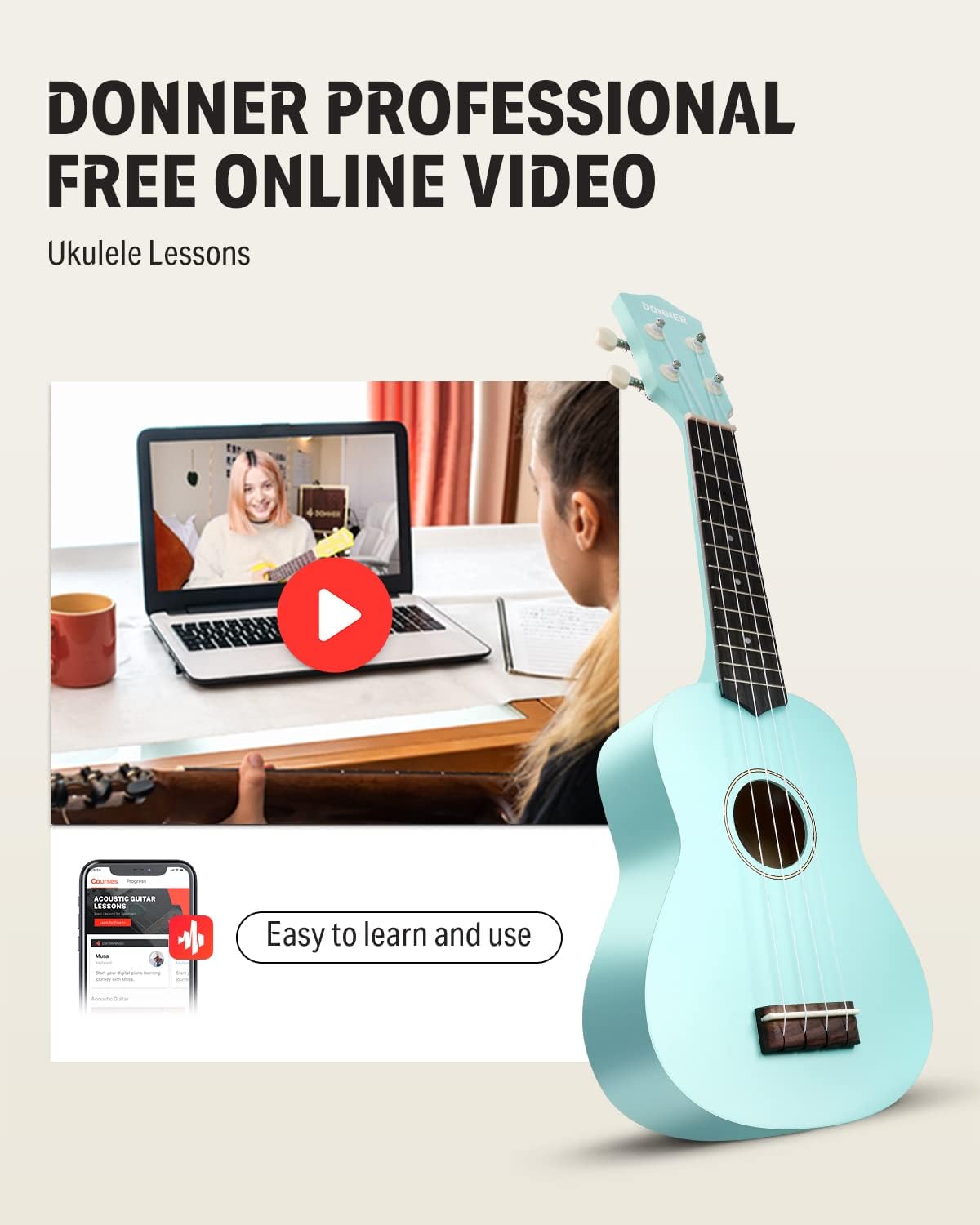Drift Tone: Soprano Ukulele for Beginner 21 Inch Matte Ukulele Beginner Kit with Bag Strap Tuner Strings Picks Cloth, Free Online Lessons, Kids Holiday Christmas & Birthday Gift (Light Pink)