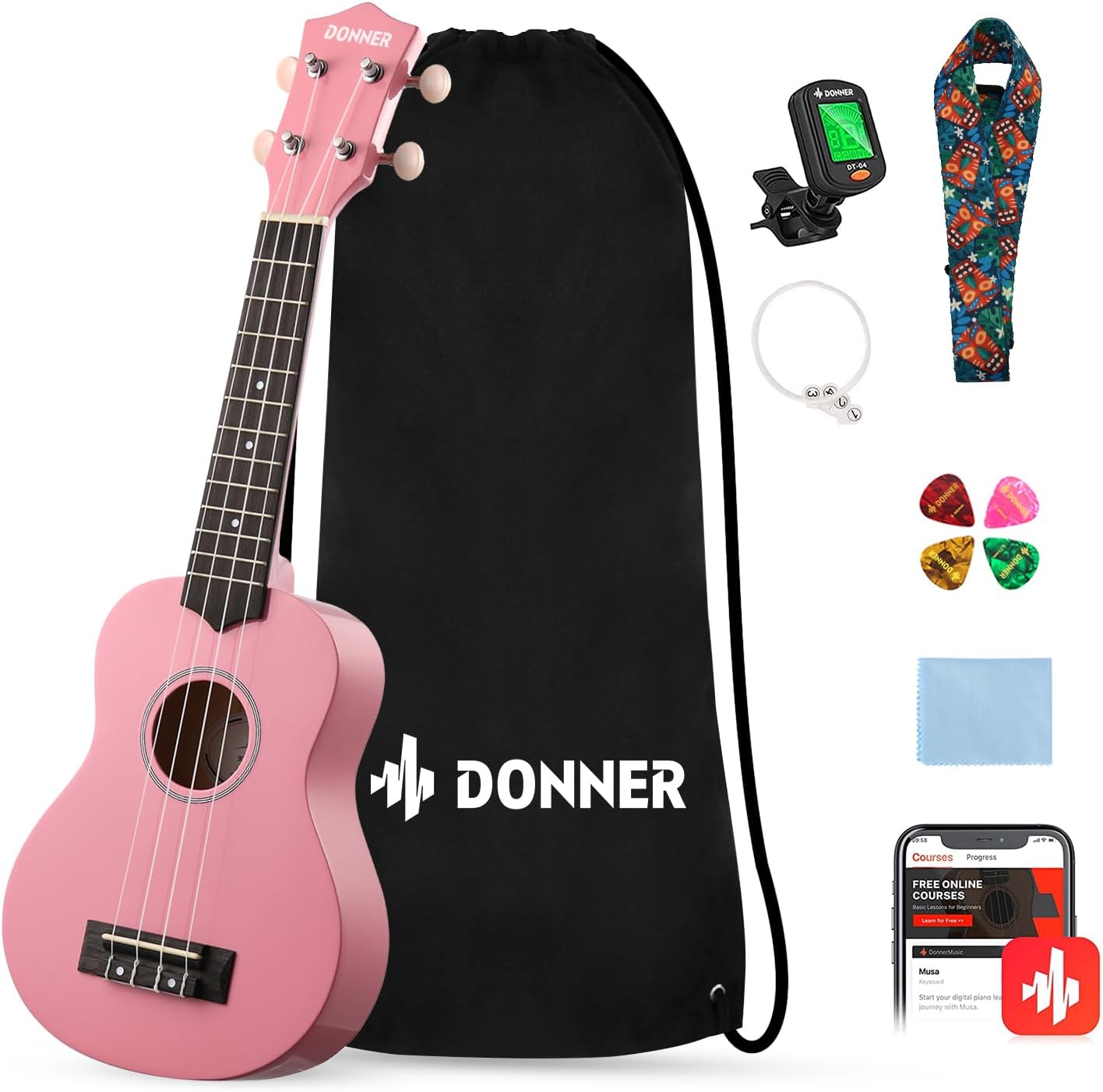 Drift Tone: Soprano Ukulele for Beginner 21 Inch Matte Ukulele Beginner Kit with Bag Strap Tuner Strings Picks Cloth, Free Online Lessons, Kids Holiday Christmas & Birthday Gift (Light Pink)