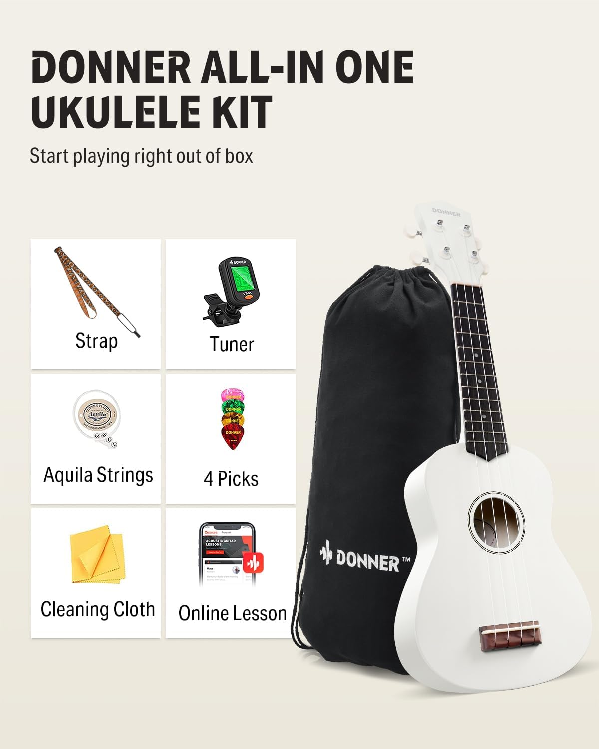 Drift Tone: Soprano Ukulele for Beginner 21 Inch Matte Ukulele Beginner Kit with Bag Strap Tuner Strings Picks Cloth, Free Online Lessons, Kids Holiday Christmas & Birthday Gift (Light Pink)