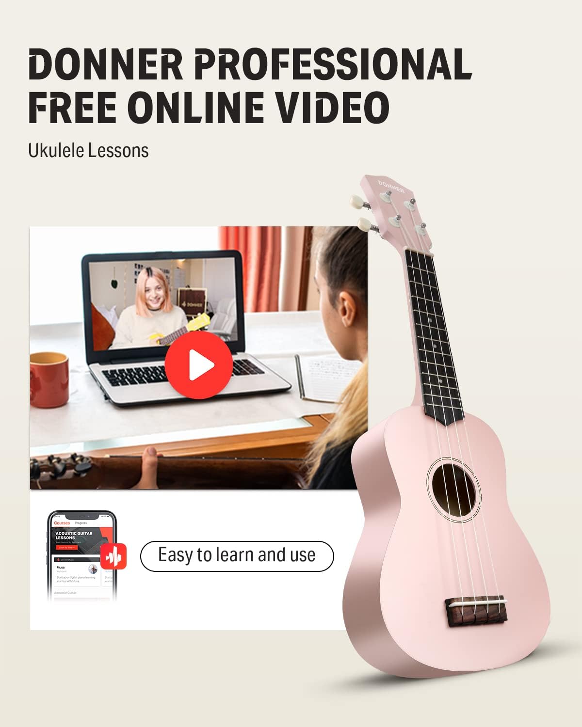 Drift Tone: Soprano Ukulele for Beginner 21 Inch Matte Ukulele Beginner Kit with Bag Strap Tuner Strings Picks Cloth, Free Online Lessons, Kids Holiday Christmas & Birthday Gift (Light Pink)