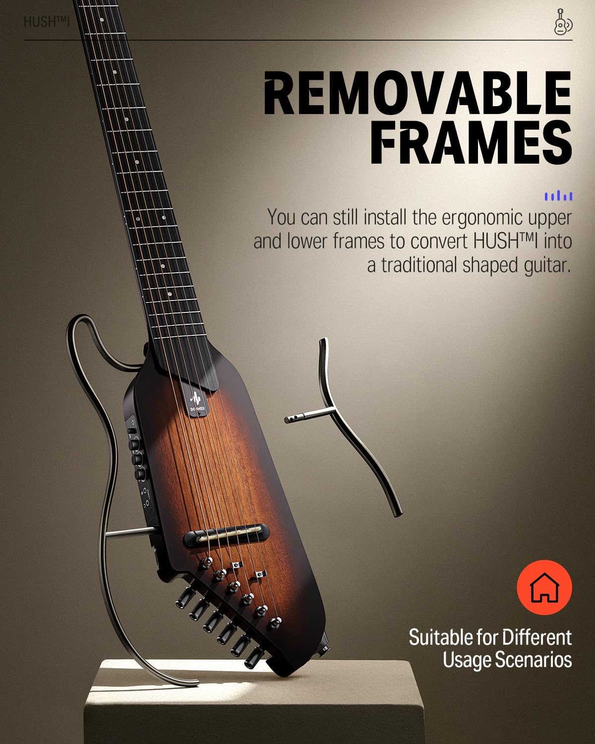 Drift Tone: HUSH I Guitar For Travel - Portable Ultra-Light and Quiet Performance Headless Acoustic-Electric Guitar, Mahogany Body with Removable Frames, Gig Bag,and Accessories
