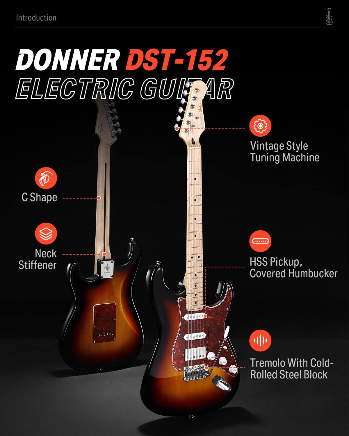 Drift Tone: , DST-152B 39" Electric Guitar Kit HSS Pickup Coil Split with Amp, Bag, Accessories, Black Solid Body Guitarra Electrica