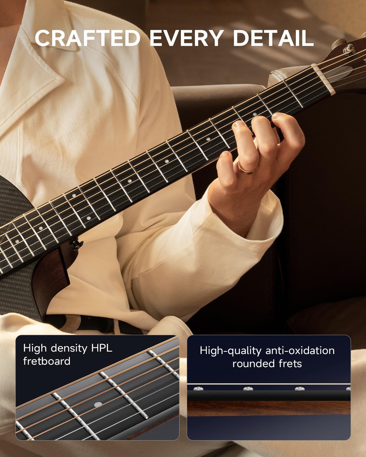 Drift Tone: Carbon X Wood Acoustic Guitar Beginner & Intermediate Learner Kits - Carbon Fiber Top, Wooden Back & Sides, 38" Travel Guitar with Case, Strap, Steel-String, RISING-G1 (Gloss, Brown)
