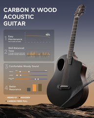 Drift Tone: Carbon X Wood Acoustic Guitar Beginner & Intermediate Learner Kits - Carbon Fiber Top, Wooden Back & Sides, 38" Travel Guitar with Case, Strap, Steel-String, RISING-G1 (Gloss, Brown)