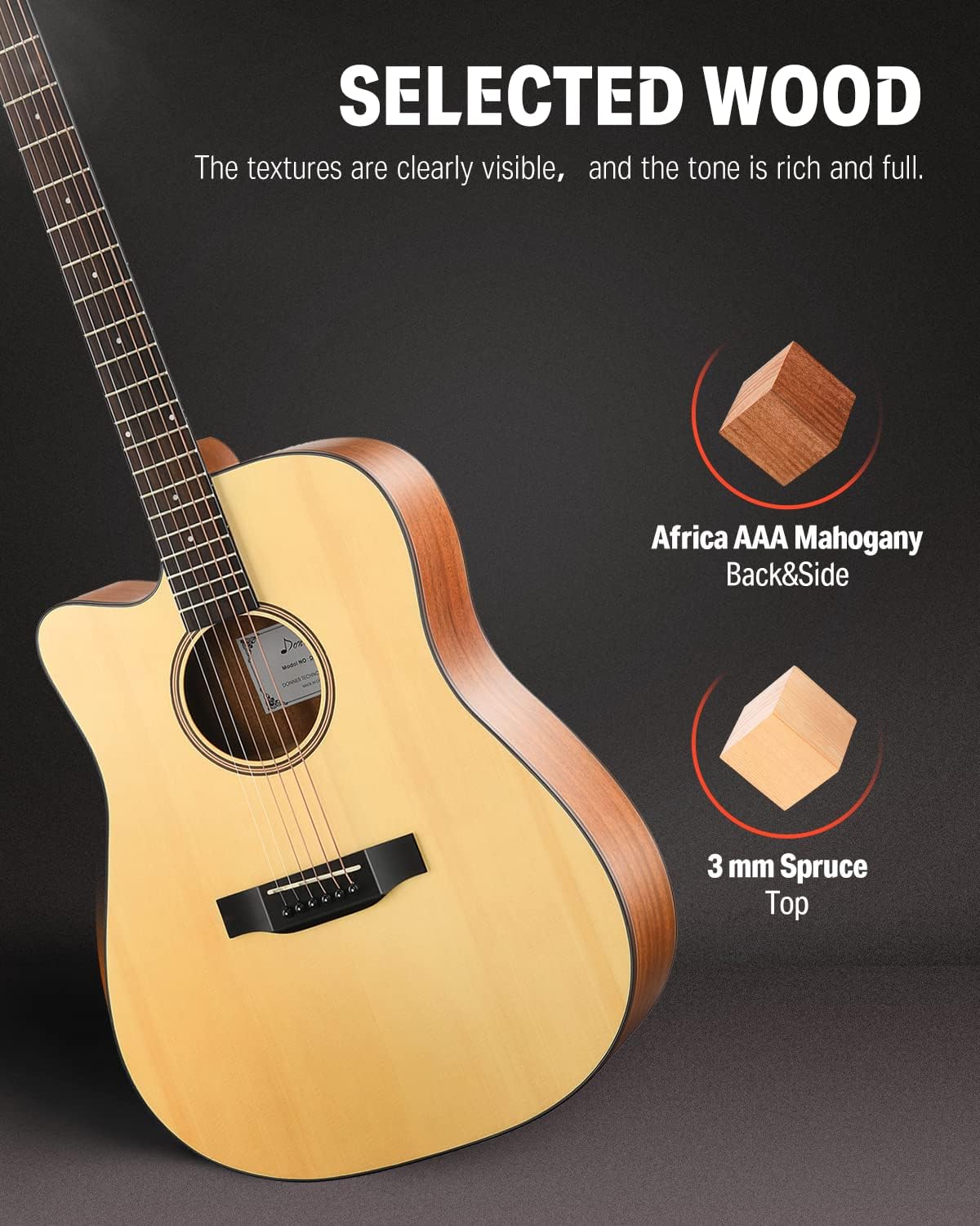 Drift Tone: Left Handed Acoustic Guitar Kit for Beginner Adult Full Size Cutaway Lefty Acustica Guitarra Bundle Set with Bag Strap Tuner Capo Pickguard String, 41 Inch, DAG-1CL