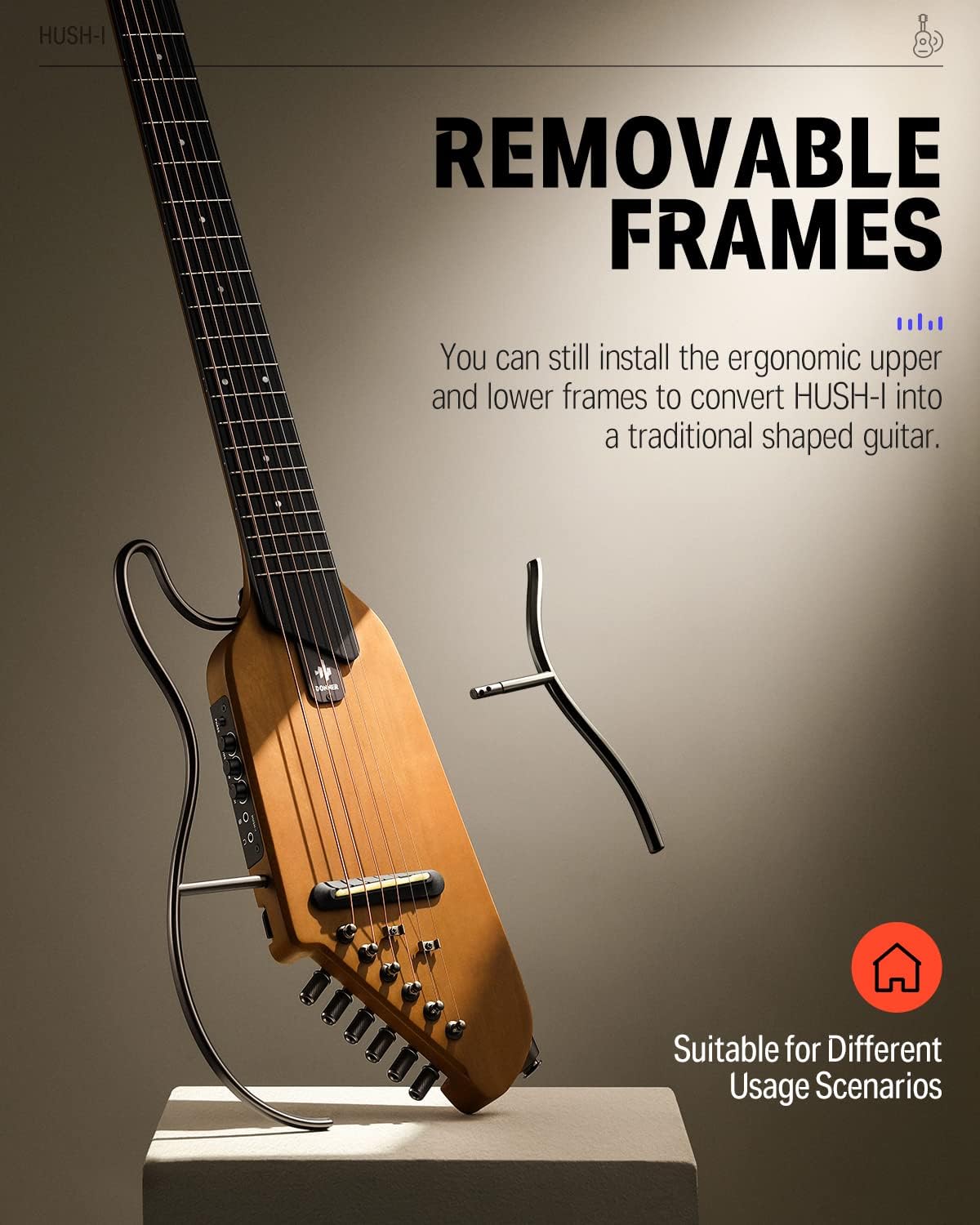Drift Tone: HUSH I Guitar For Travel - Portable Ultra-Light and Quiet Performance Headless Acoustic-Electric Guitar, Mahogany Body with Removable Frames, Gig Bag,and Accessories