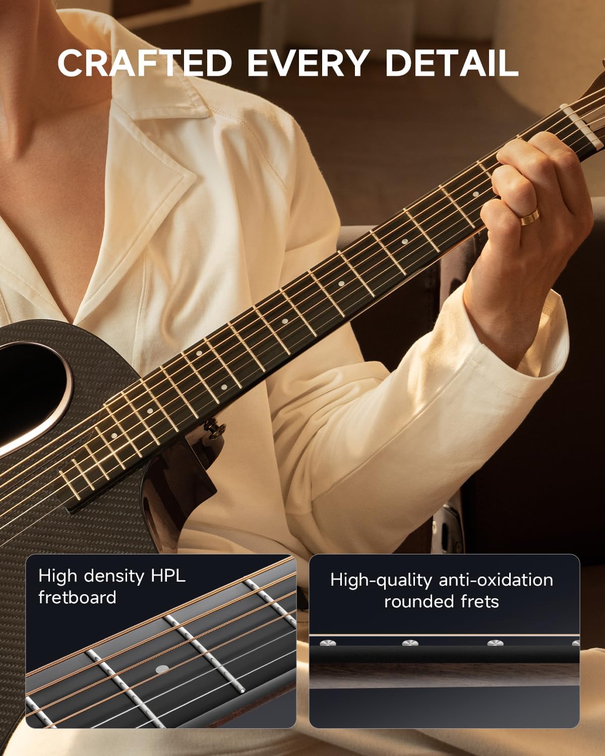 Drift Tone: Carbon X Wood Acoustic Guitar Beginner & Intermediate Learner Kits - Carbon Fiber Top, Wooden Back & Sides, 38" Travel Guitar with Case, Strap, Steel-String, RISING-G1 (Gloss, Brown)