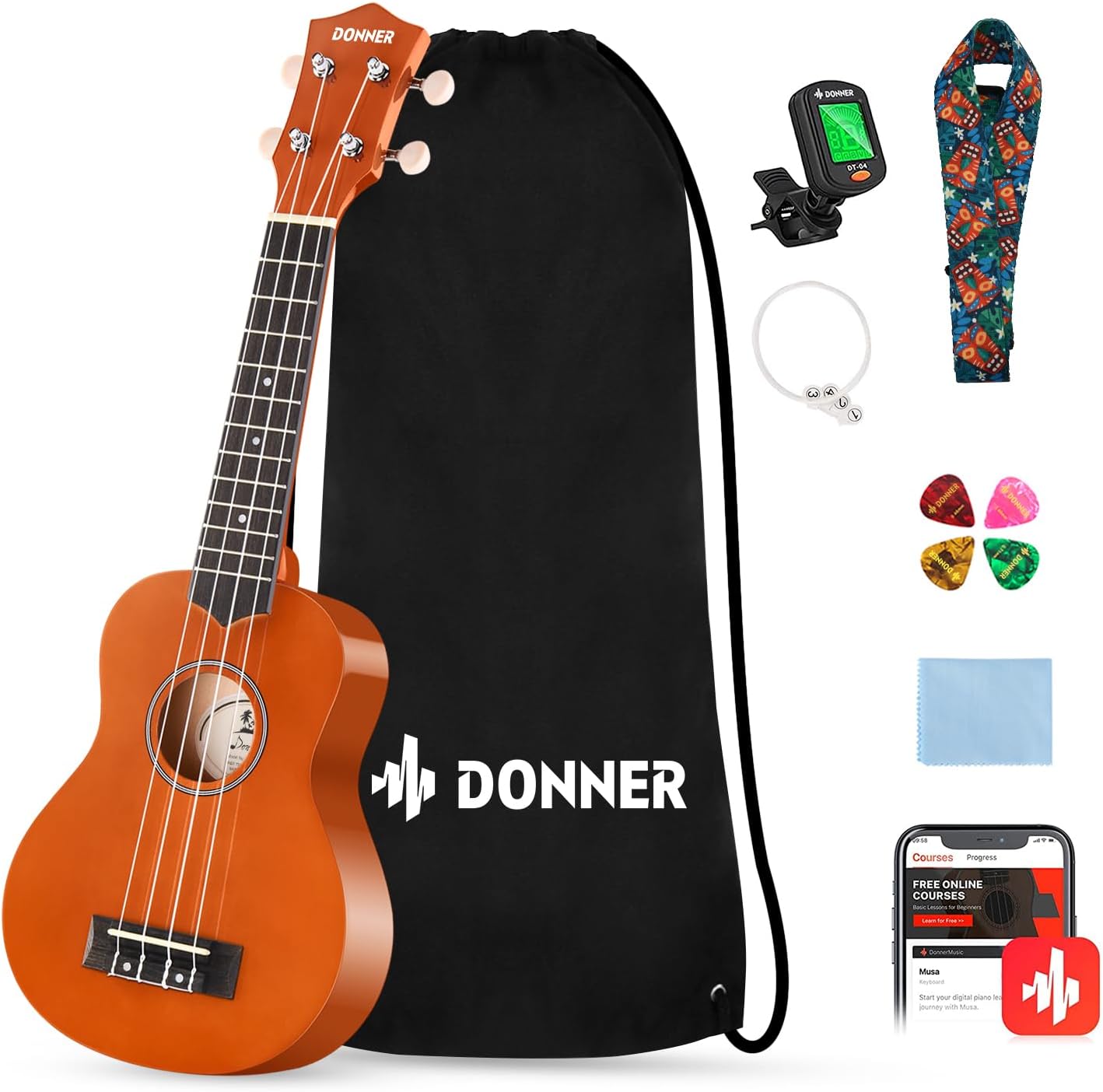 Drift Tone: Soprano Ukulele for Beginner 21 Inch Matte Ukulele Beginner Kit with Bag Strap Tuner Strings Picks Cloth, Free Online Lessons, Kids Holiday Christmas & Birthday Gift (Light Pink)