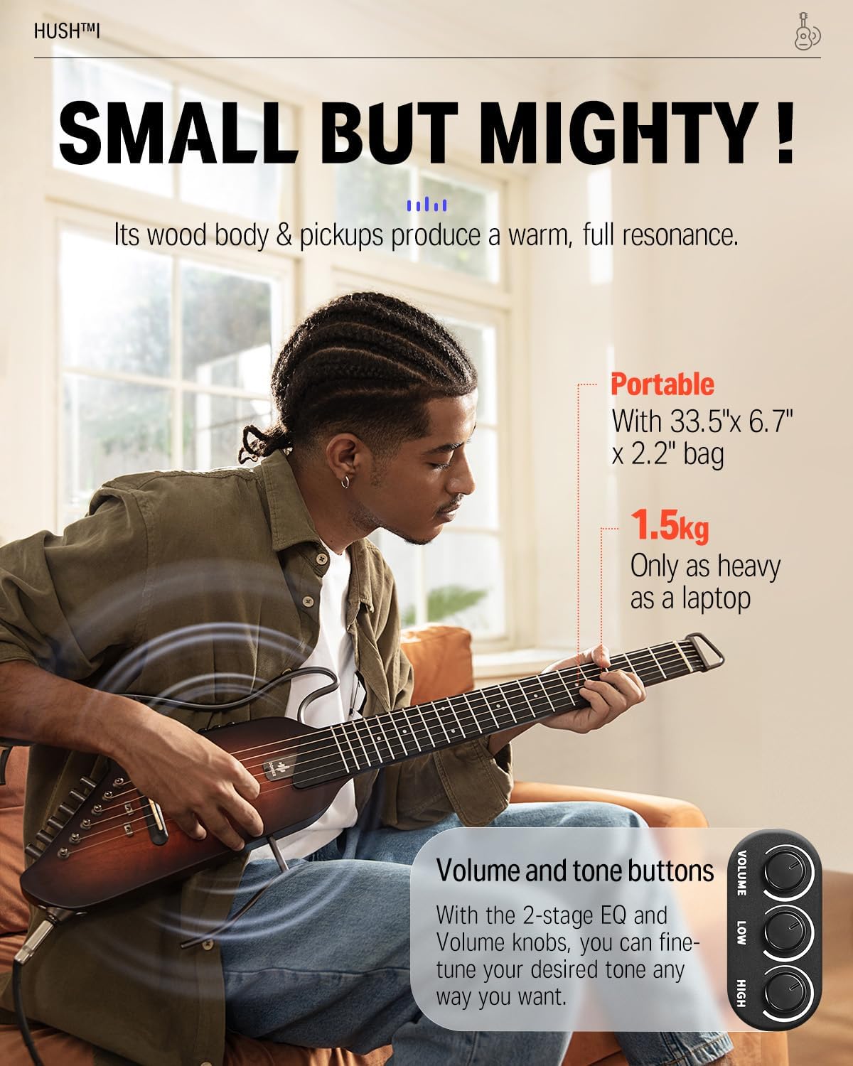 Drift Tone: HUSH I Guitar For Travel - Portable Ultra-Light and Quiet Performance Headless Acoustic-Electric Guitar, Mahogany Body with Removable Frames, Gig Bag,and Accessories