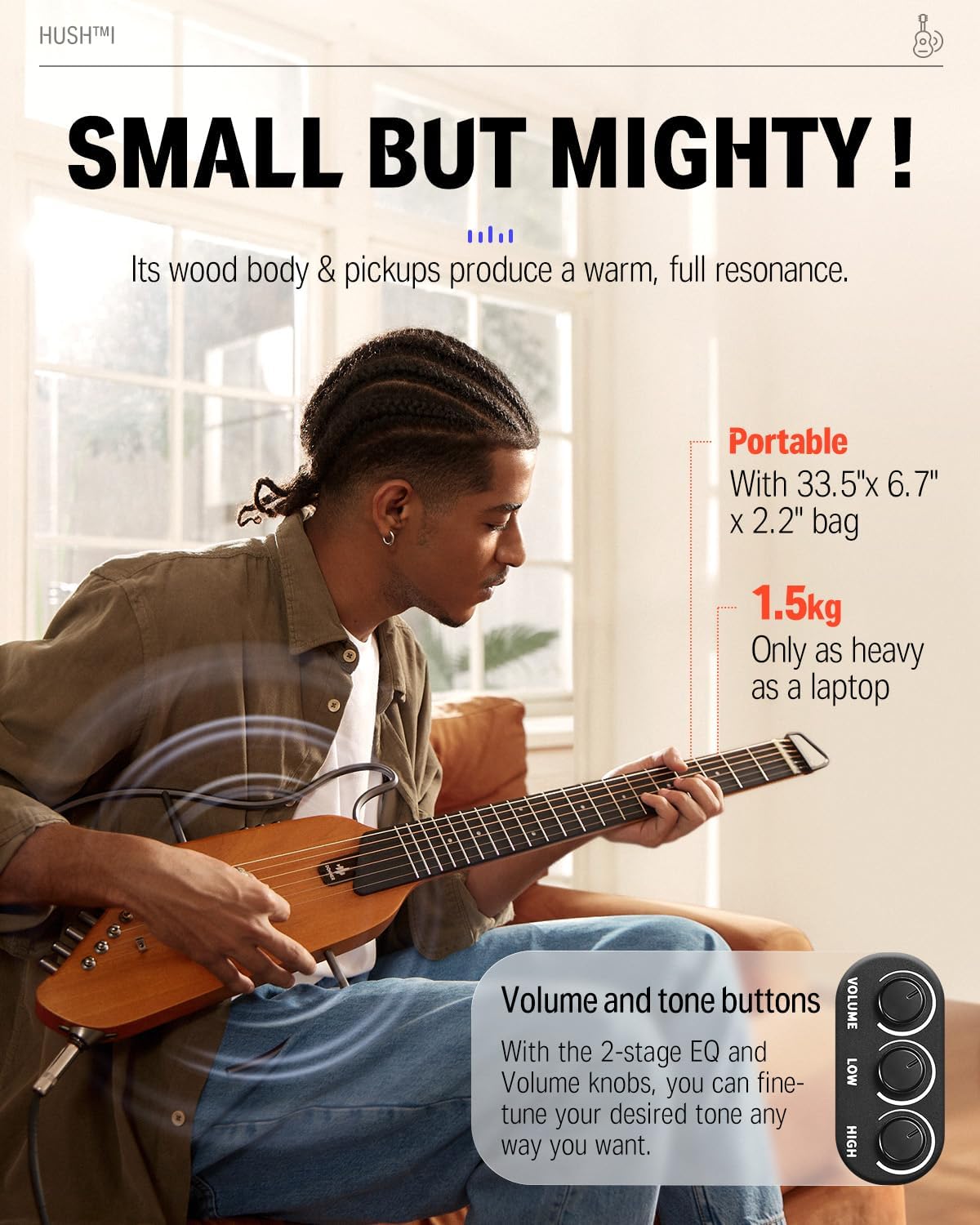 Drift Tone: HUSH I Guitar For Travel - Portable Ultra-Light and Quiet Performance Headless Acoustic-Electric Guitar, Mahogany Body with Removable Frames, Gig Bag,and Accessories