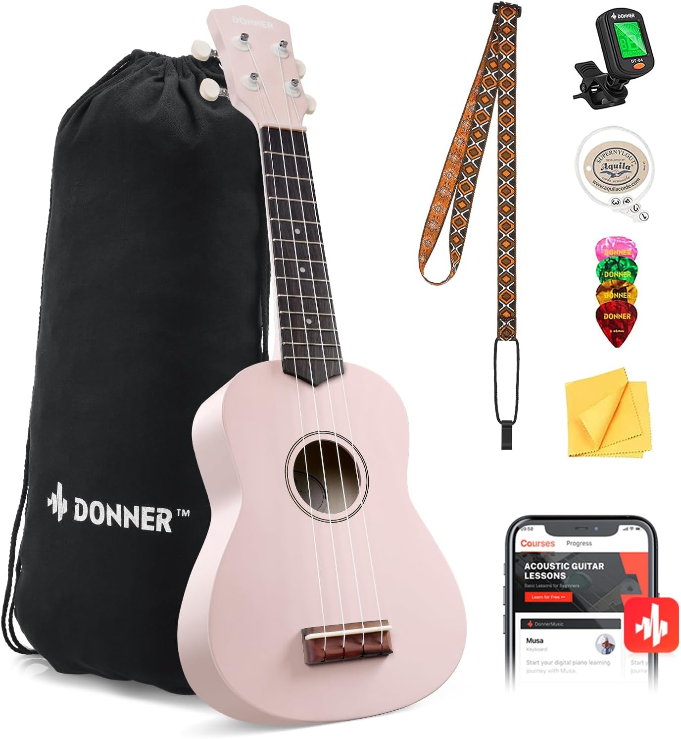 Drift Tone: Soprano Ukulele for Beginner 21 Inch Matte Ukulele Beginner Kit with Bag Strap Tuner Strings Picks Cloth, Free Online Lessons, Kids Holiday Christmas & Birthday Gift (Light Pink)