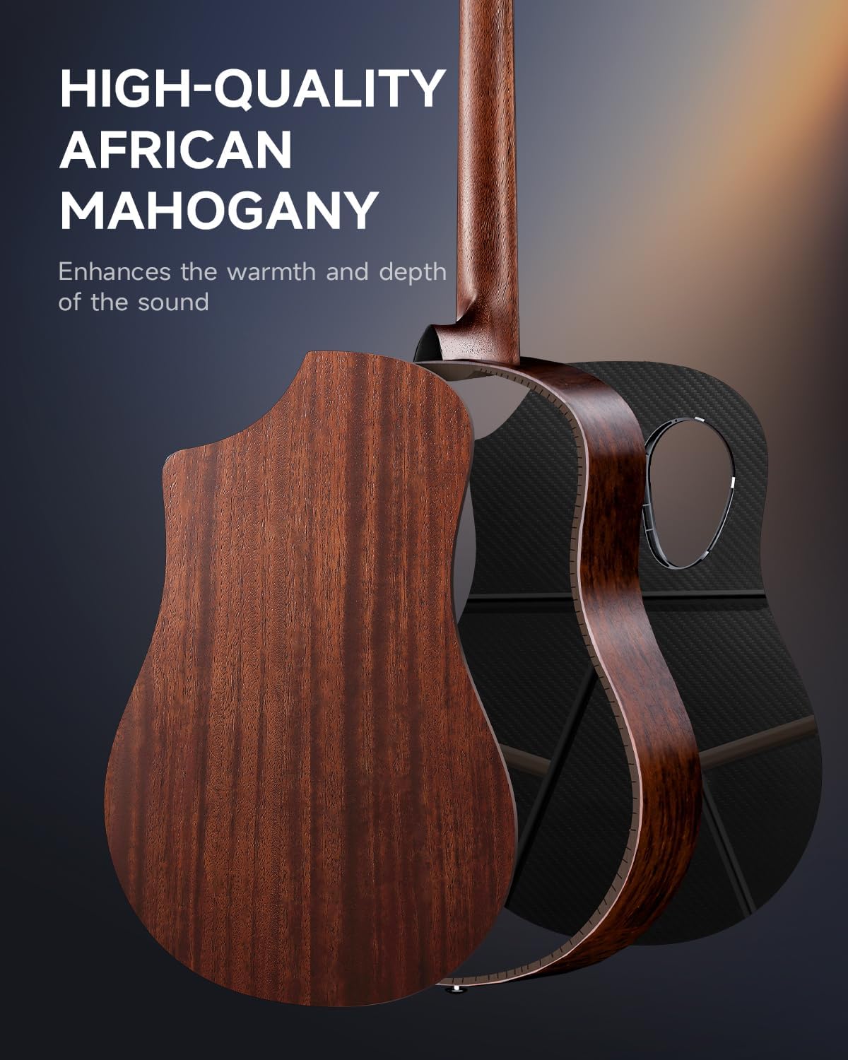 Drift Tone: Carbon X Wood Acoustic Guitar Beginner & Intermediate Learner Kits - Carbon Fiber Top, Wooden Back & Sides, 38" Travel Guitar with Case, Strap, Steel-String, RISING-G1 (Gloss, Brown)