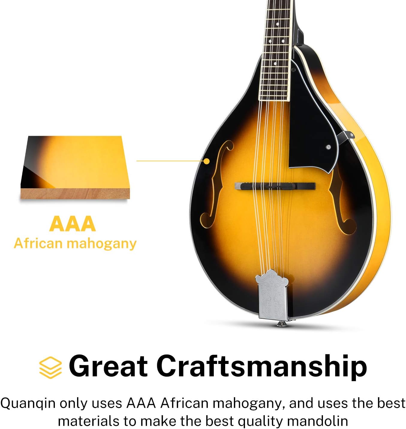 Drift Tone: A Style Mandolin Instrument Sunburst Beginner Adult Acoustic Mandolin Musical Instrument Mahogany 8 String, Bundle With Tuner String Bag Guitar Picks,DML-1