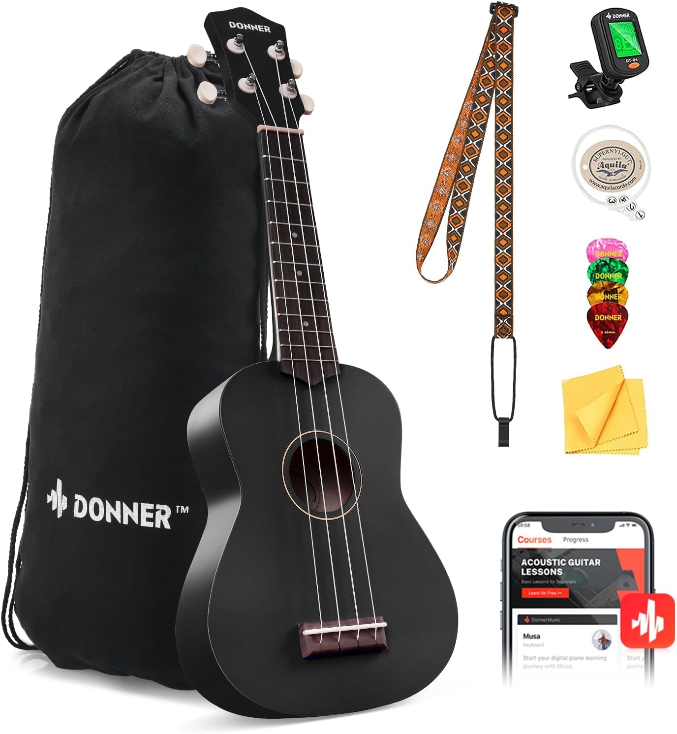Drift Tone: Soprano Ukulele for Beginner 21 Inch Matte Ukulele Beginner Kit with Bag Strap Tuner Strings Picks Cloth, Free Online Lessons, Kids Holiday Christmas & Birthday Gift (Light Pink)