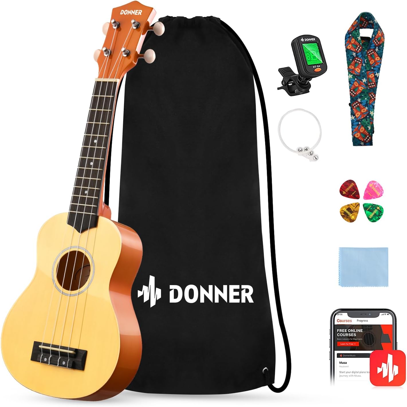 Drift Tone: Soprano Ukulele for Beginner 21 Inch Matte Ukulele Beginner Kit with Bag Strap Tuner Strings Picks Cloth, Free Online Lessons, Kids Holiday Christmas & Birthday Gift (Light Pink)