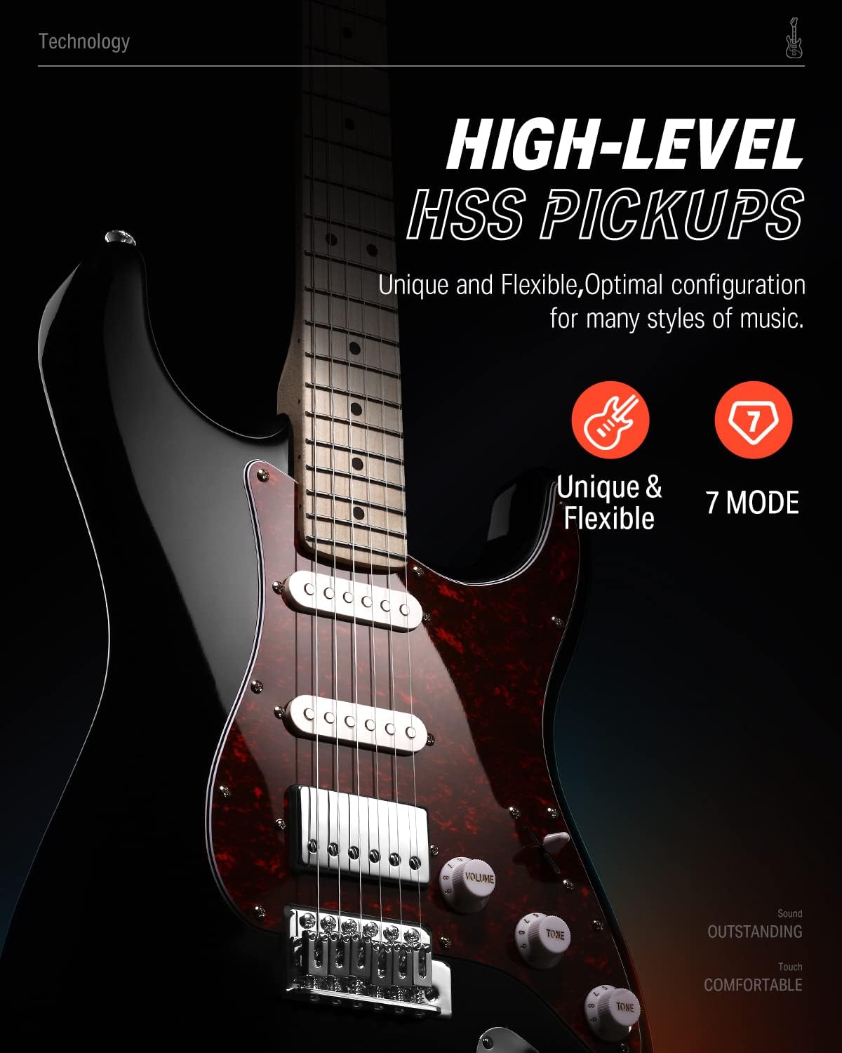 Drift Tone: , DST-152B 39" Electric Guitar Kit HSS Pickup Coil Split with Amp, Bag, Accessories, Black Solid Body Guitarra Electrica