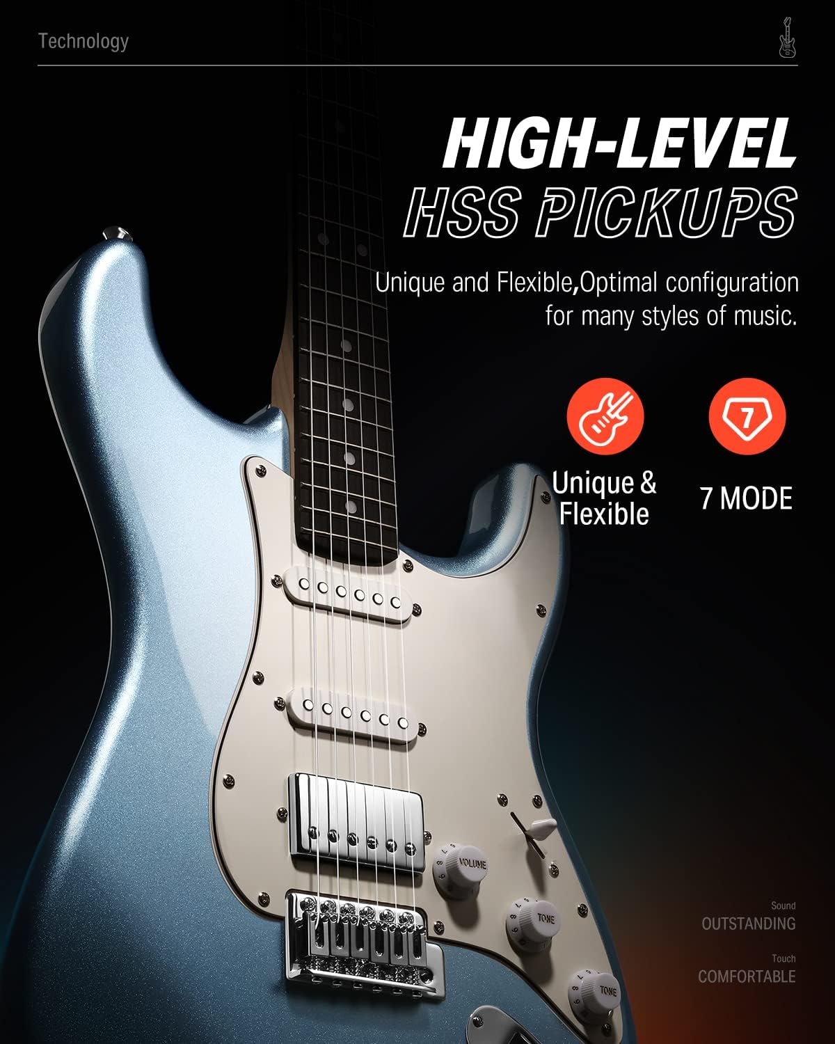 Drift Tone: , DST-152B 39" Electric Guitar Kit HSS Pickup Coil Split with Amp, Bag, Accessories, Black Solid Body Guitarra Electrica
