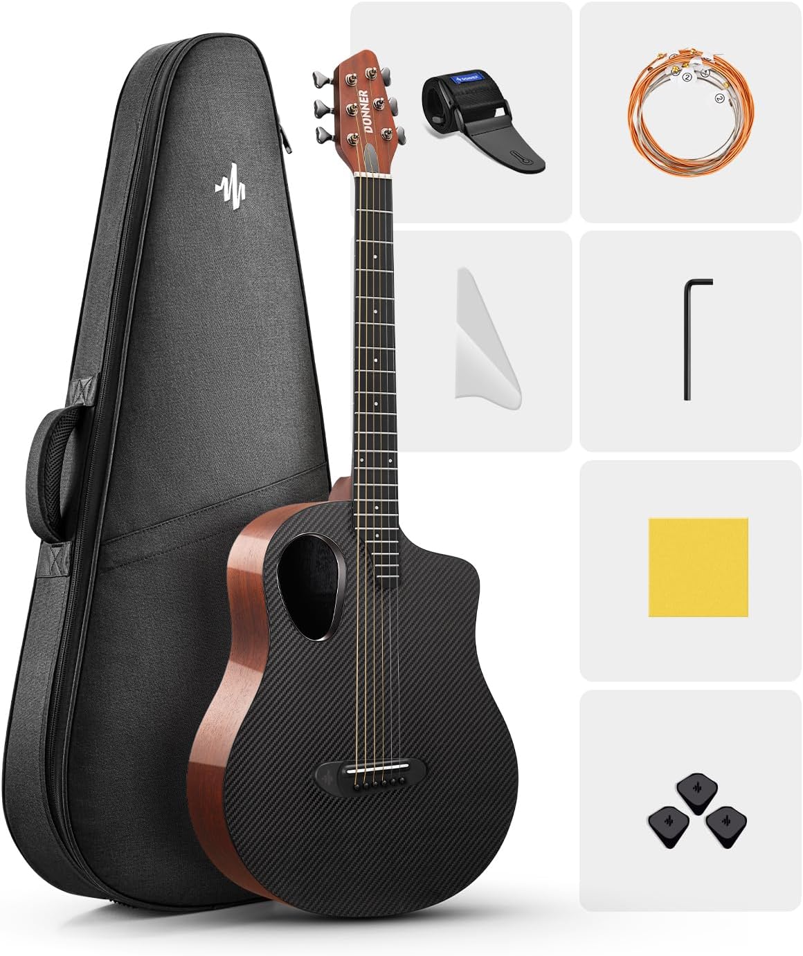 Drift Tone: Carbon X Wood Acoustic Guitar Beginner & Intermediate Learner Kits - Carbon Fiber Top, Wooden Back & Sides, 38" Travel Guitar with Case, Strap, Steel-String, RISING-G1 (Gloss, Brown)