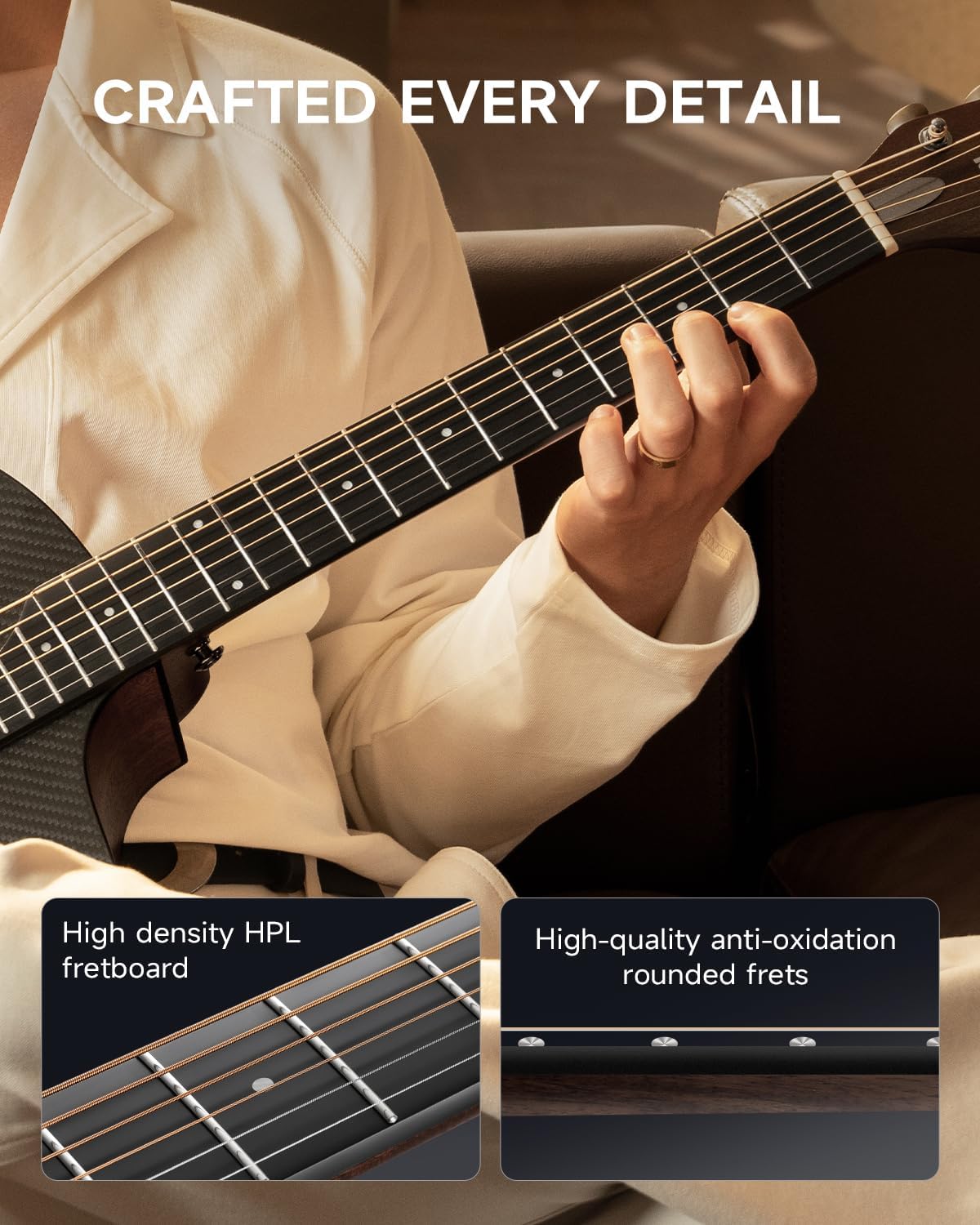 Drift Tone: Carbon X Wood Acoustic Guitar Beginner & Intermediate Learner Kits - Carbon Fiber Top, Wooden Back & Sides, 38" Travel Guitar with Case, Strap, Steel-String, RISING-G1 (Gloss, Brown)