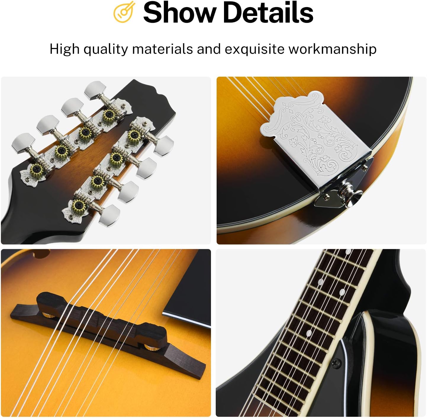 Drift Tone: A Style Mandolin Instrument Sunburst Beginner Adult Acoustic Mandolin Musical Instrument Mahogany 8 String, Bundle With Tuner String Bag Guitar Picks,DML-1