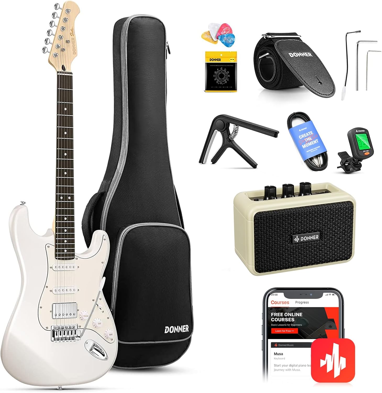 Drift Tone: , DST-152B 39" Electric Guitar Kit HSS Pickup Coil Split with Amp, Bag, Accessories, Black Solid Body Guitarra Electrica