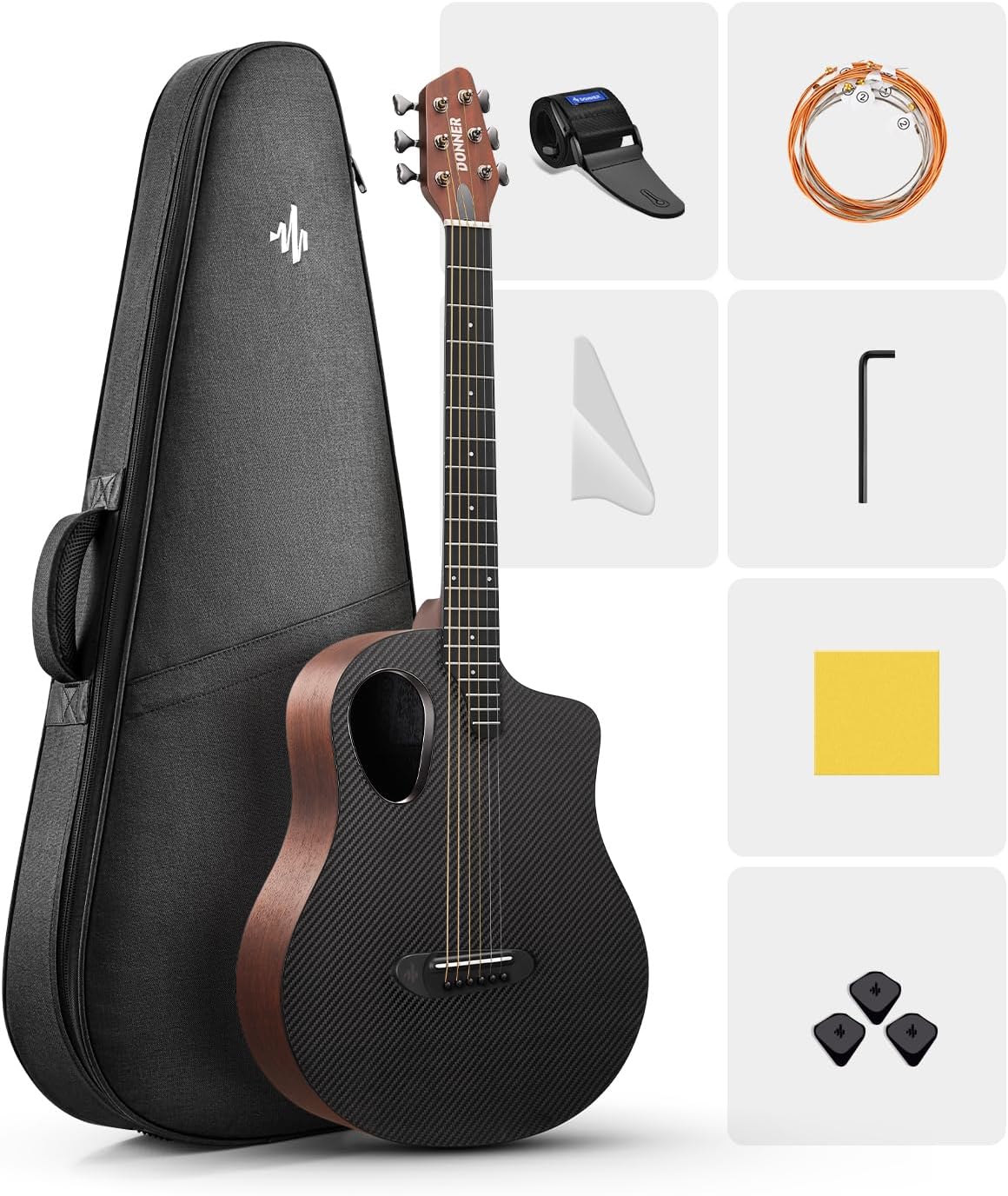 Drift Tone: Carbon X Wood Acoustic Guitar Beginner & Intermediate Learner Kits - Carbon Fiber Top, Wooden Back & Sides, 38" Travel Guitar with Case, Strap, Steel-String, RISING-G1 (Gloss, Brown)
