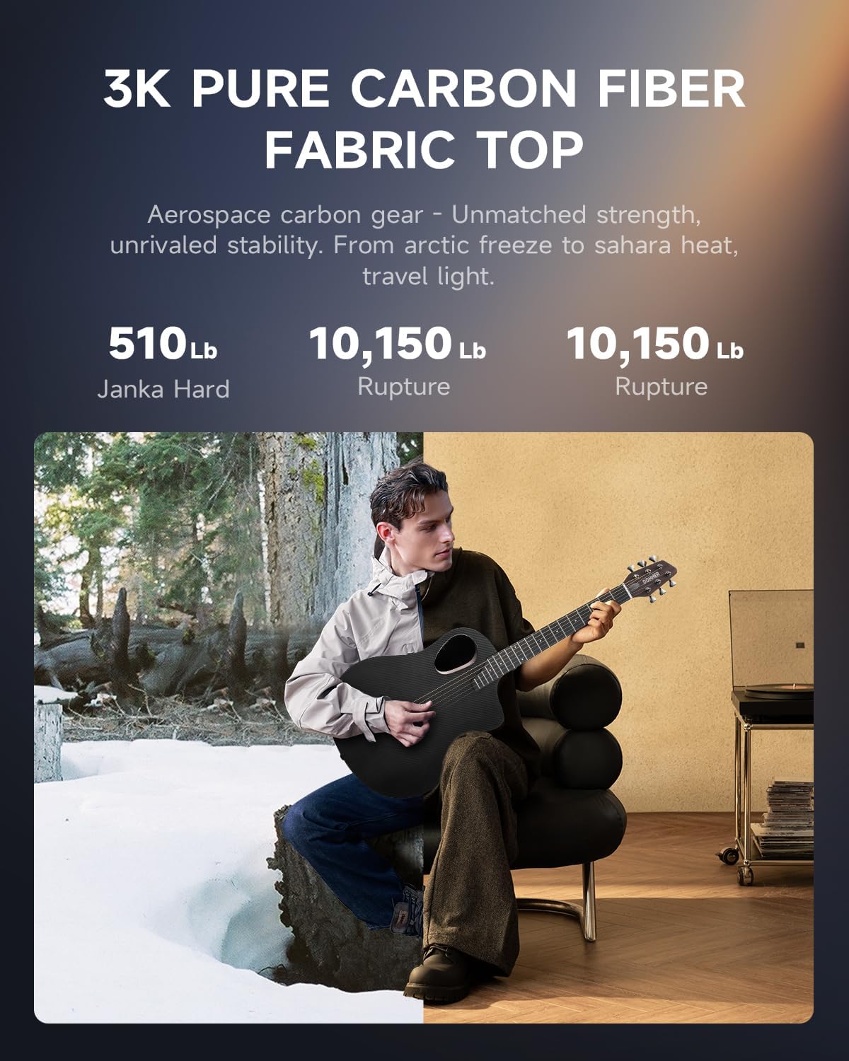 Drift Tone: Carbon X Wood Acoustic Guitar Beginner & Intermediate Learner Kits - Carbon Fiber Top, Wooden Back & Sides, 38" Travel Guitar with Case, Strap, Steel-String, RISING-G1 (Gloss, Brown)