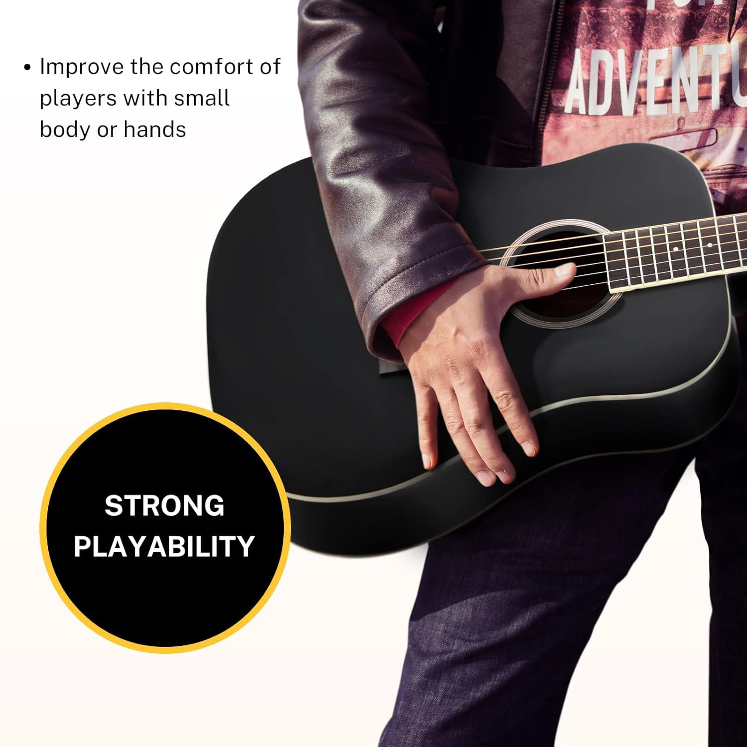 Drift Tone: Acoustic Guitar for Beginner Adult 36'' Dreadnought 3/4 Size Black Guitar Bundle Package Kit Travel, Spruce Wood With Gig Bag Capo Tuner Strap String Guitar Picks DAG-1MB/DAT-110D