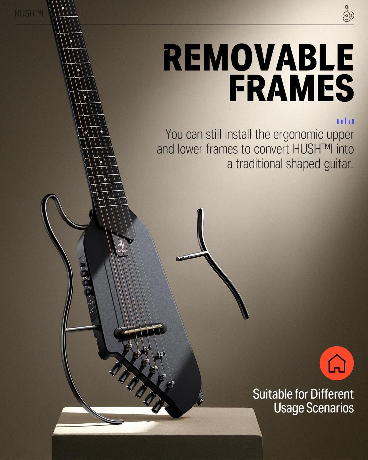 Drift Tone: HUSH I Guitar For Travel - Portable Ultra-Light and Quiet Performance Headless Acoustic-Electric Guitar, Mahogany Body with Removable Frames, Gig Bag,and Accessories