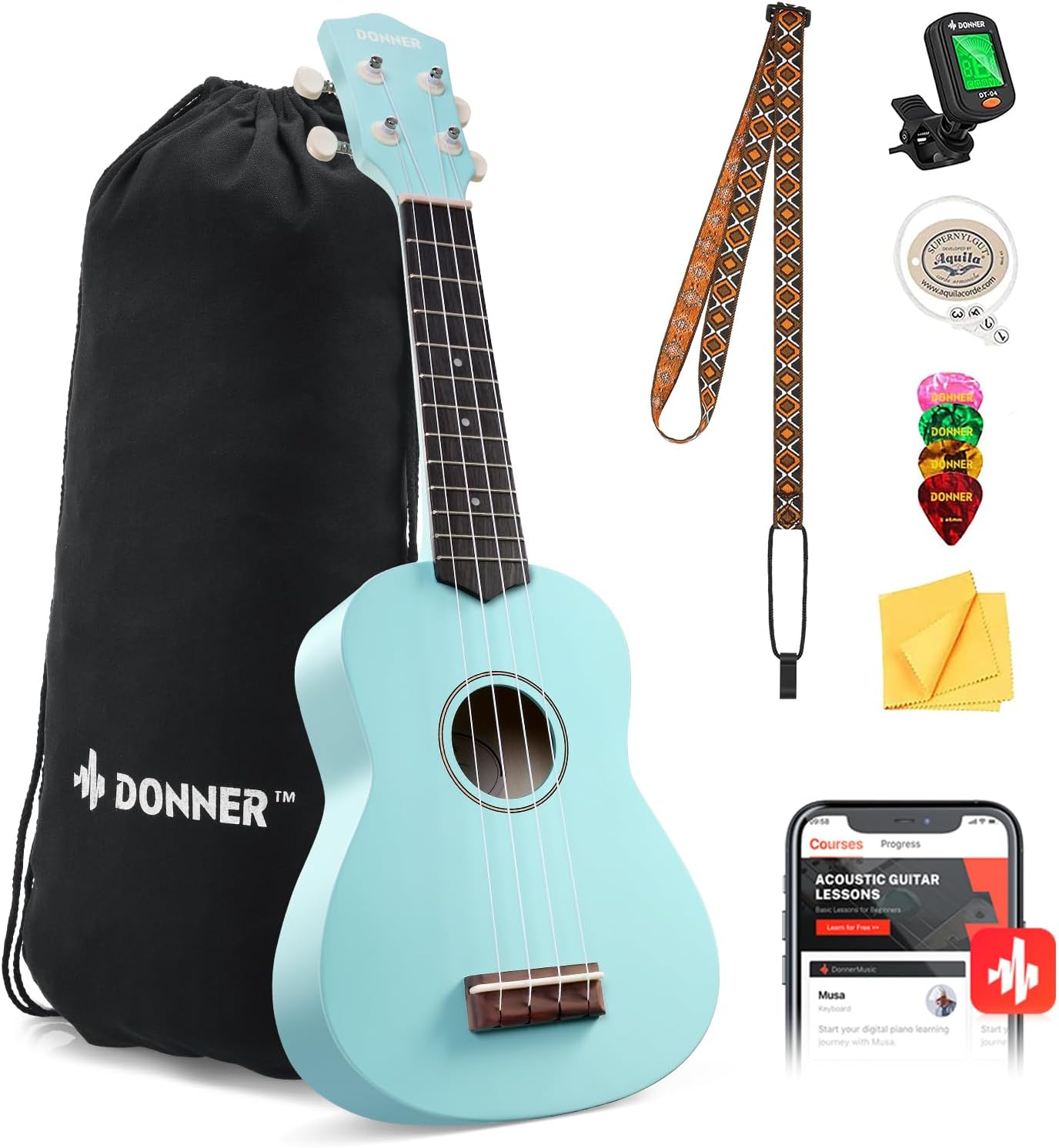 Drift Tone: Soprano Ukulele for Beginner 21 Inch Matte Ukulele Beginner Kit with Bag Strap Tuner Strings Picks Cloth, Free Online Lessons, Kids Holiday Christmas & Birthday Gift (Light Pink)