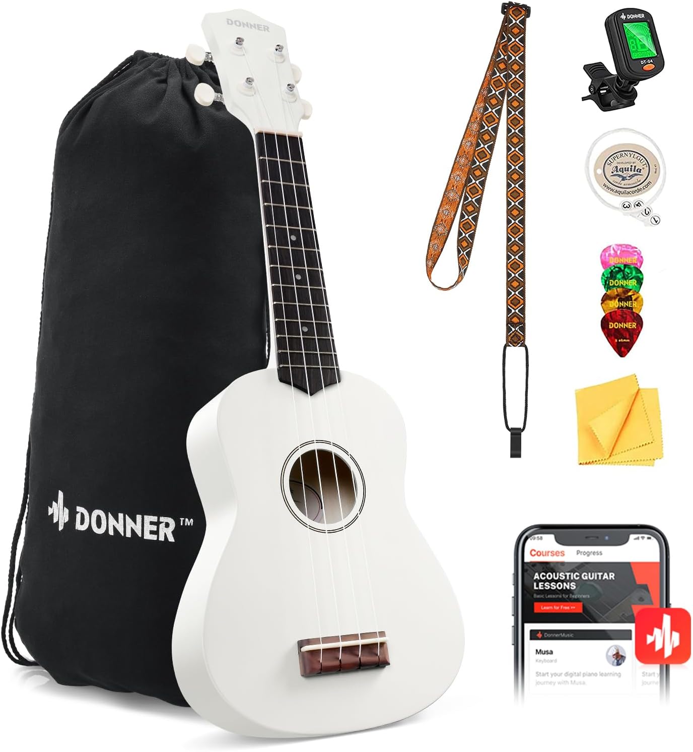 Drift Tone: Soprano Ukulele for Beginner 21 Inch Matte Ukulele Beginner Kit with Bag Strap Tuner Strings Picks Cloth, Free Online Lessons, Kids Holiday Christmas & Birthday Gift (Light Pink)