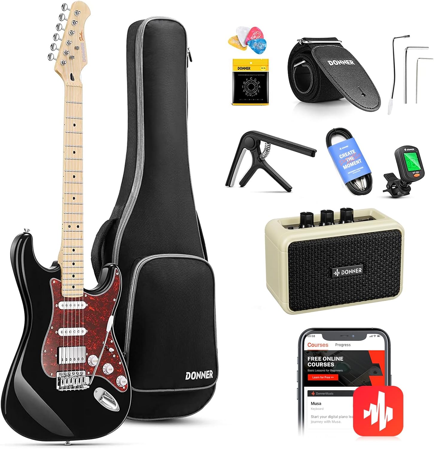 Drift Tone: , DST-152B 39" Electric Guitar Kit HSS Pickup Coil Split with Amp, Bag, Accessories, Black Solid Body Guitarra Electrica