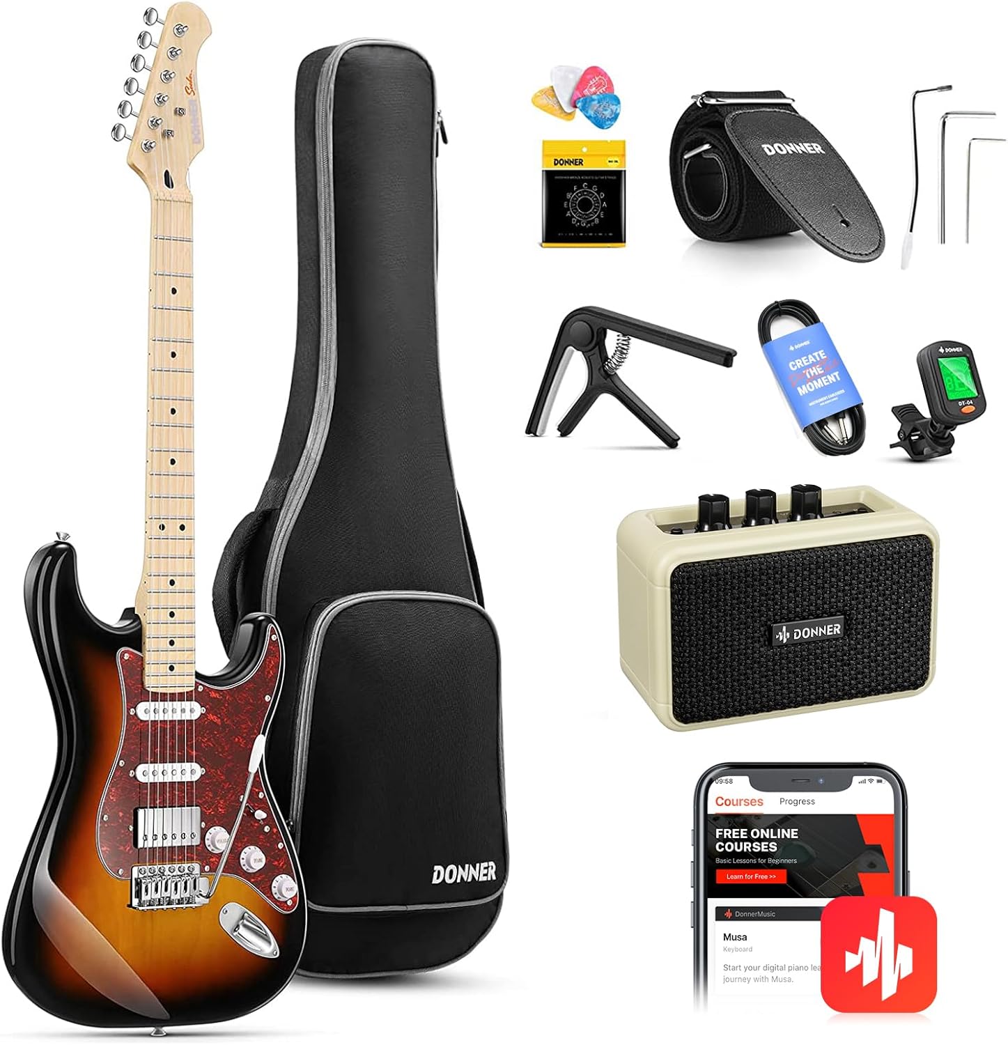 Drift Tone: , DST-152B 39" Electric Guitar Kit HSS Pickup Coil Split with Amp, Bag, Accessories, Black Solid Body Guitarra Electrica