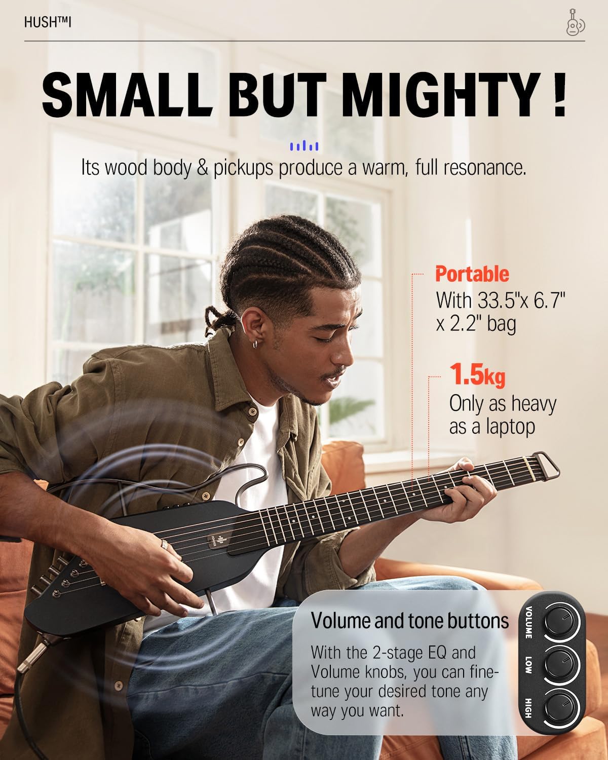 Drift Tone: HUSH I Guitar For Travel - Portable Ultra-Light and Quiet Performance Headless Acoustic-Electric Guitar, Mahogany Body with Removable Frames, Gig Bag,and Accessories